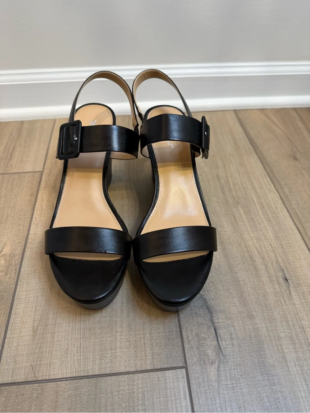 Xappeal Black Leather-Look Wedge Sandals with Buckle
